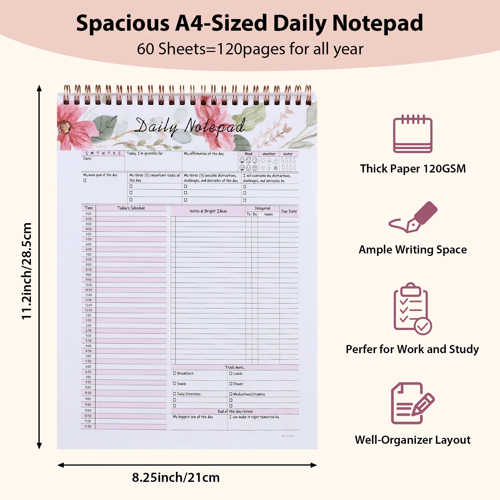 

A4 Size Daily Planner Spiral Notebook with Cover, Double Coil Binding, 60 Sheets 120GSM Thick Papers-Planning Off Organizer