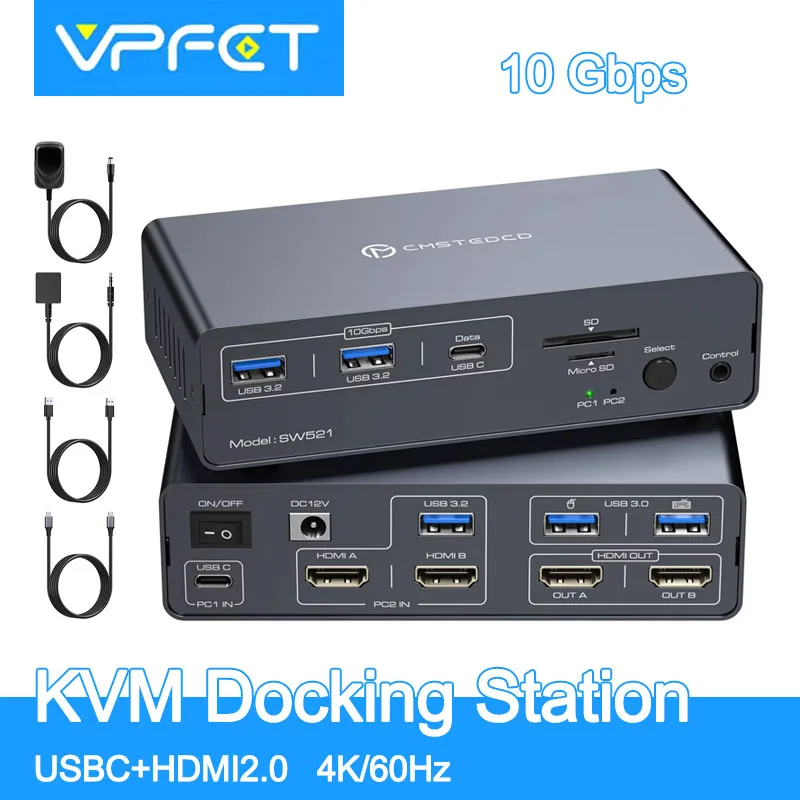 

USB C Docking Station 2 Monitors HDMI for Laptop Desktop 13 in 1 Docking Sation USBC With 4K@60Hz 2 HDMI 2.0 USB 10Gbps VPFET