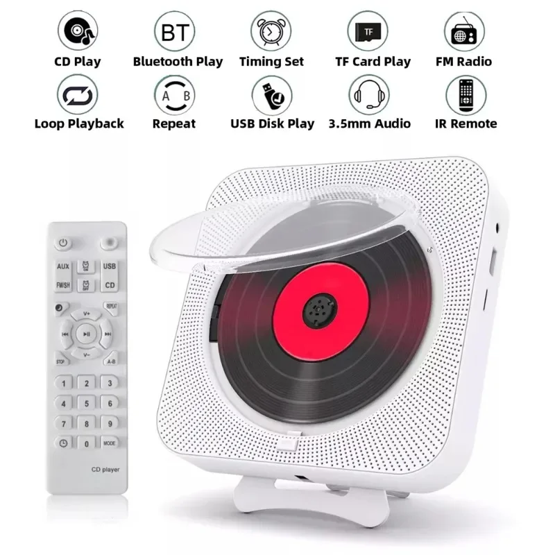 Portable CD Player Bluetooth Speaker Stereo CD Players LED Screen Wall Mountable CD Music Player with IR Remote Control FM Radio