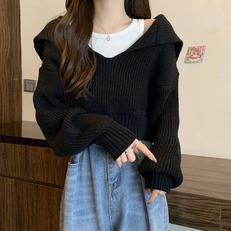 Rimocy Long Sleeve Cropped Sweater Women Autumn Winter Turn Down Collar Knitted Jumper Woman Korean Style Solid Color Jerseys