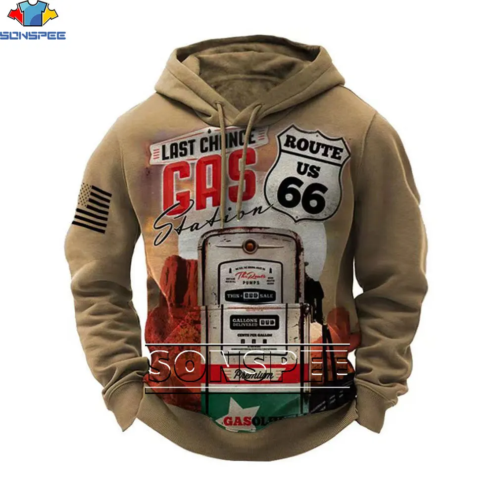 SONSPEE Hoodie Cetak 3D Sweter Musim Dingin 2023 Pria Atasan Pria Bertudung Antik Grafis Route 66 Baju Longgar Jalanan