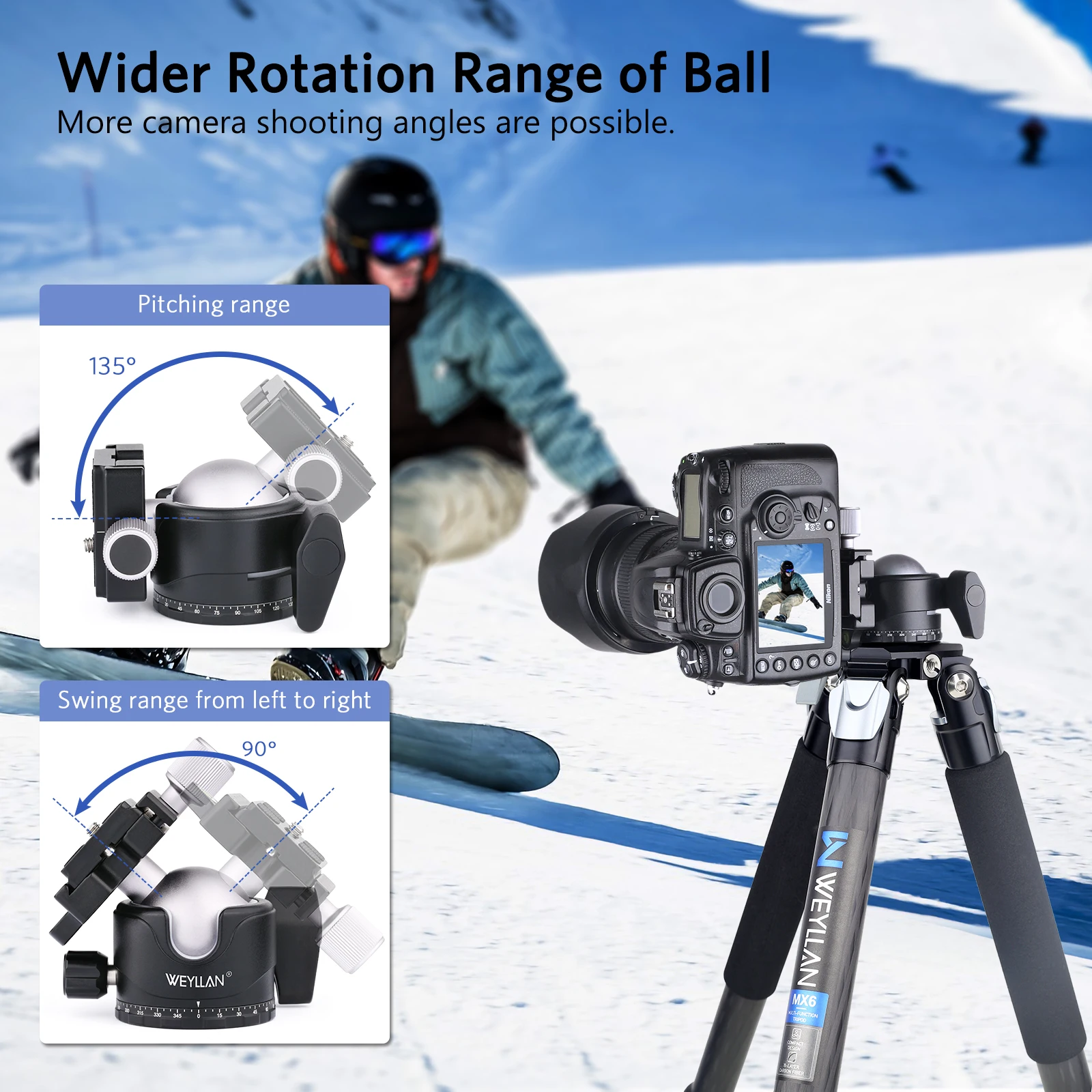 Baru Diperbarui EB46S Kepala Bola Tripod Logam Profil Rendah Kepala Tripod Desain Pusat Gravitasi Bawah Panorama Beban Maksimal 25Kg/55,1lbs