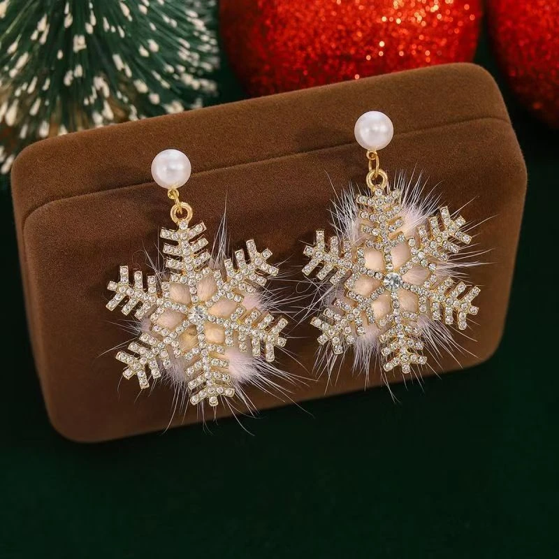 Lovely Zircon Snowflake Pearl Charm Earring For Women Christmas Flocking Hairball Bowknot Stud Earrings New Year Party Jewelry
