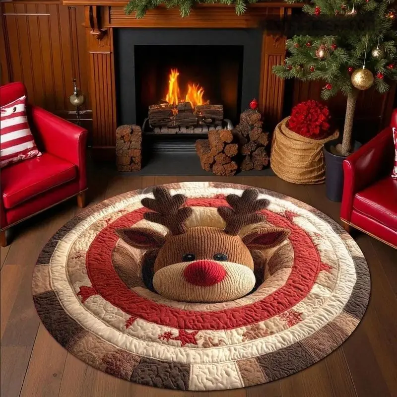 VIKAMA 3D Reindeer Round Rug Quilted Spiral Vortex Circular Carpet Non Slip Soft Floor Mat for Living Room Bedroom Christmas