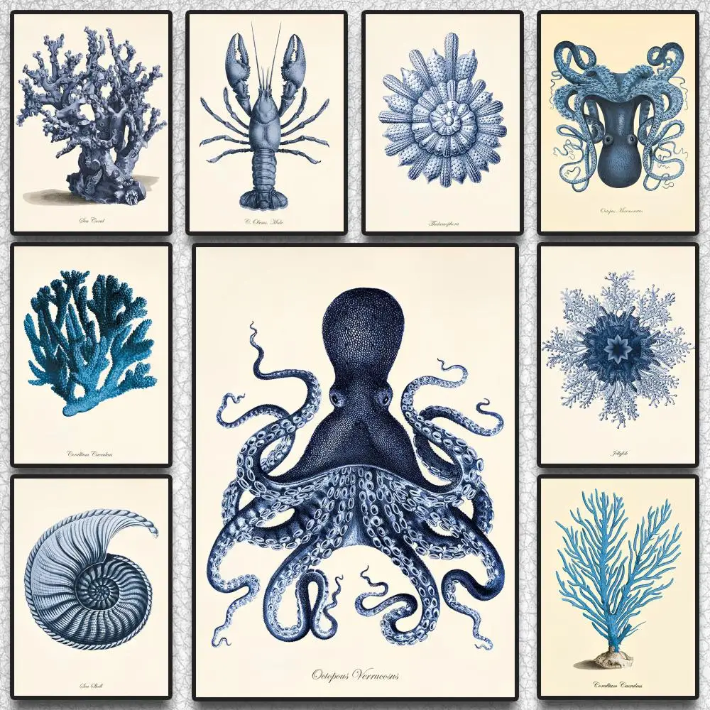 Blue Sea Creature Coral Shrimp Poster Sticky Wall Art Printi