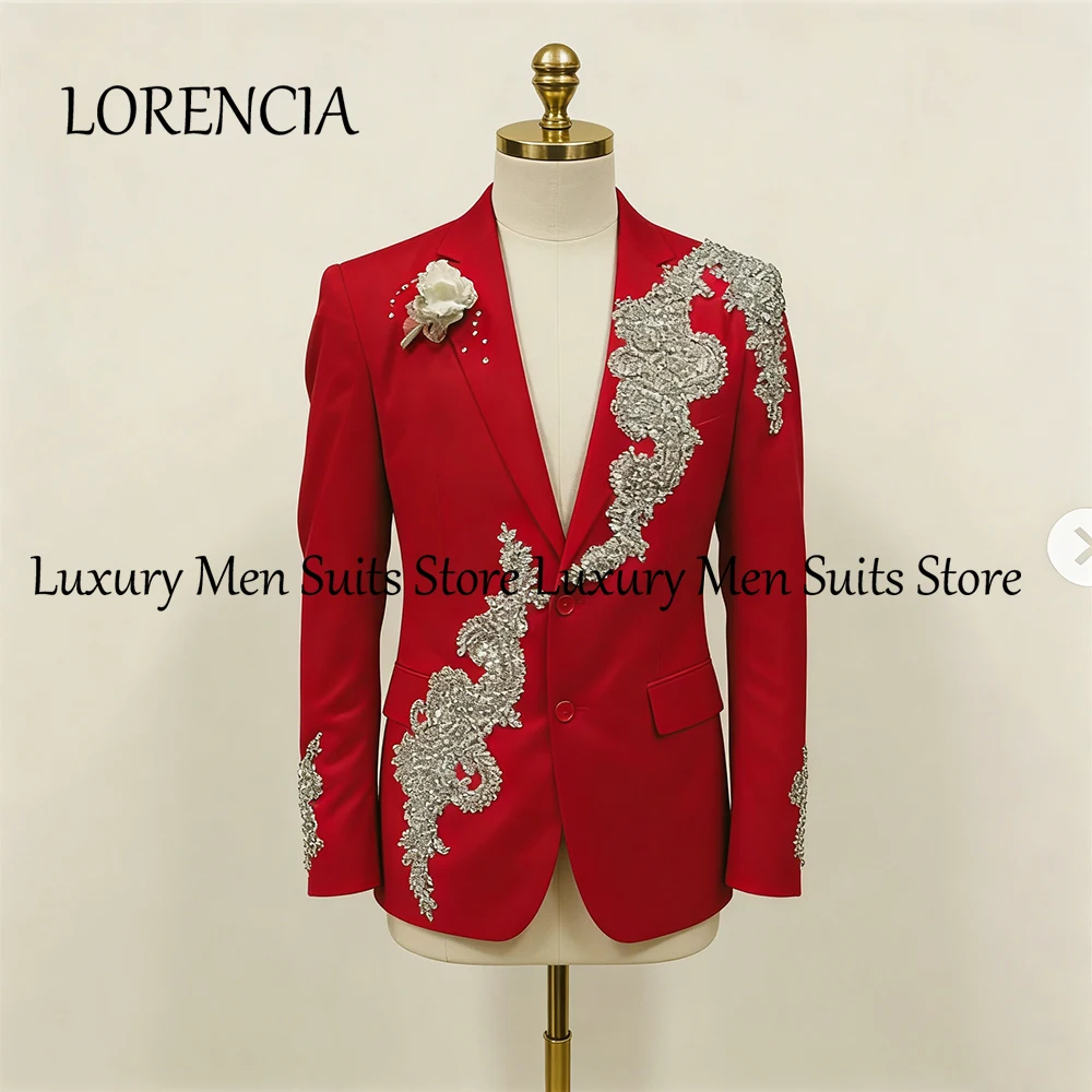 

Elegant Applique Male Suits 2 Pieces Flat Colllar Prom Wearing Wedding Party Tuxedos Customized Blazer Pants roupas masculinas