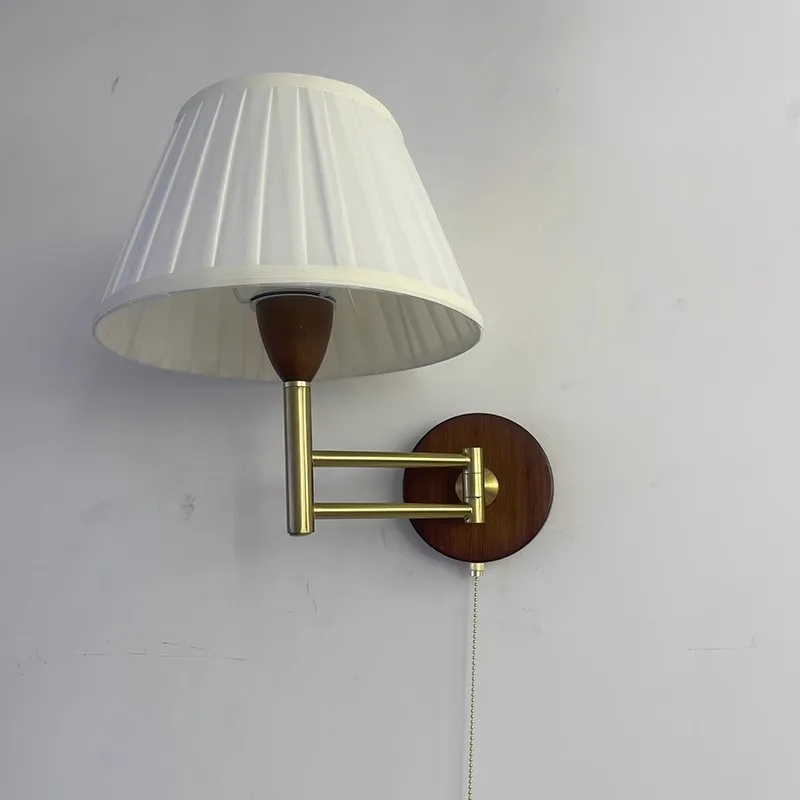 American Telescopic Wall Lamp Fabric Folding Rocker Arm Lamp Creative Bedroom Bedside Lamp Study Solid wood Reading Wall Light