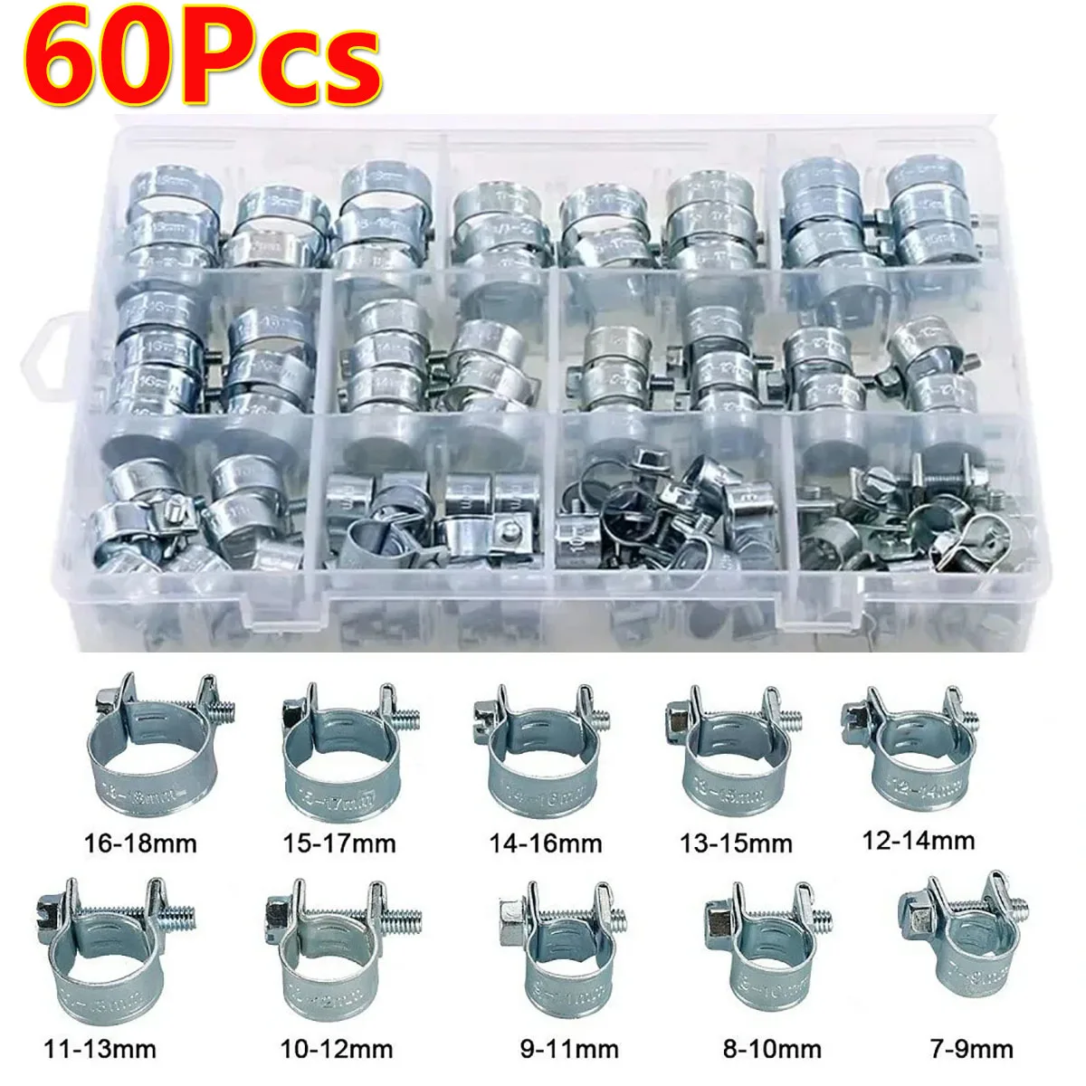 60Pcs 7-18MM Zinc Plated Hose Pipe Clamps 10 Size Hose Clamp Clips for Air Hose Water Pipe Fuel Hose Fuel Injection Hose Clamps