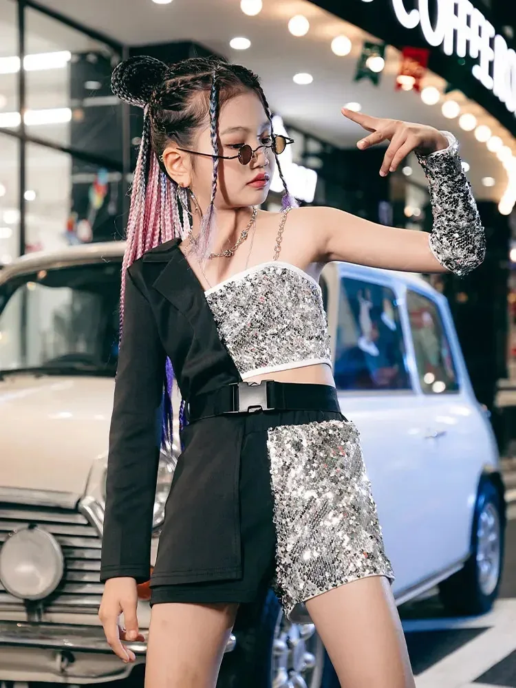 Ropa de calle para niñas, diseño Y2K, moda única, espectáculo de danza, pasarela, lentejuelas, trajes k-pop, actuación, Jazz negro, escenario plateado