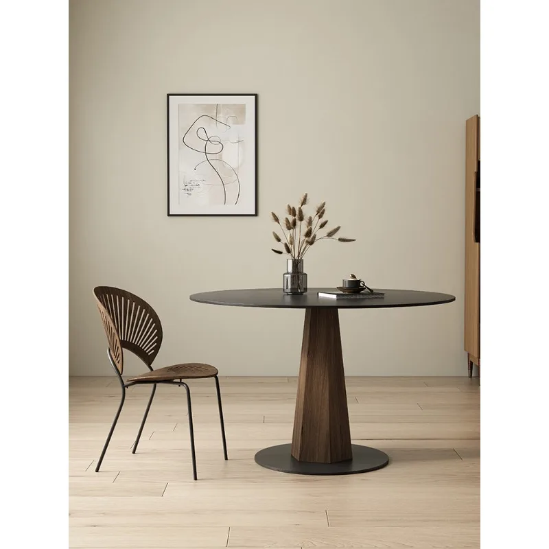 طاولة طعام مستديرة من الخشب الصلب، شقة صغيرة بسيطة، طاولة مستديرة سوداء نقية، جوز أسود قديم #2