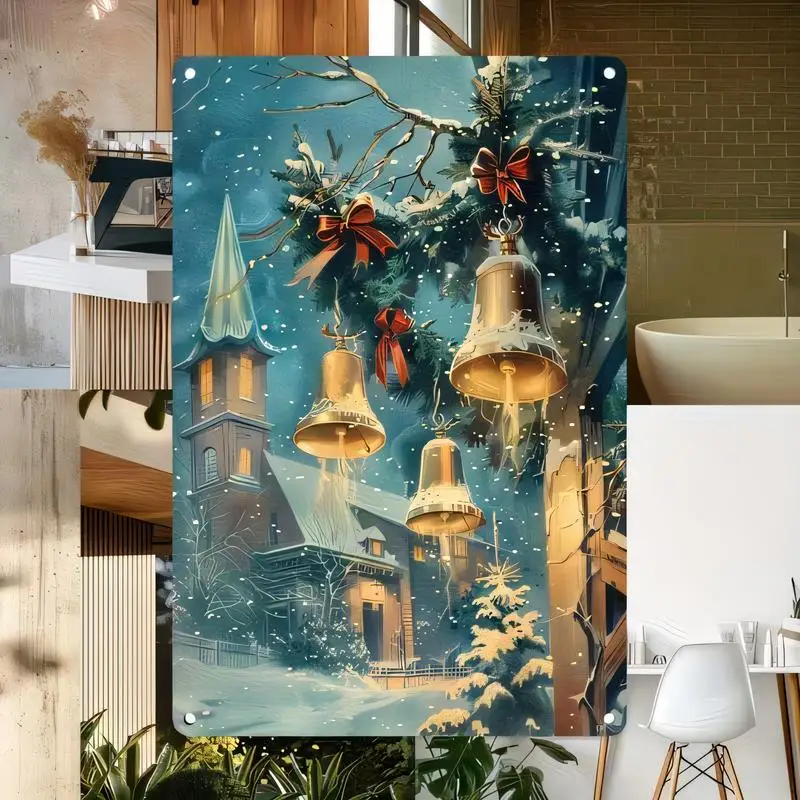 Christmas Winter Scene Metal Tin Sign - Golden Bells, Church & Snowy Design, Blue/Red Accents, Festive Decor for Home/Xmas Party