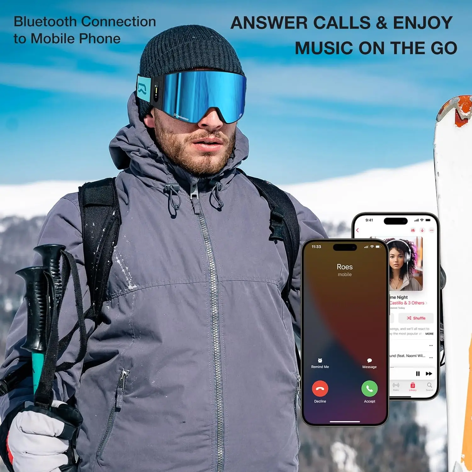 Óculos de esqui inteligentes Bluetooth com walkie-talkie para óculos de snowboard antiembaçante adulto com reprodução de música, resposta de chamadas