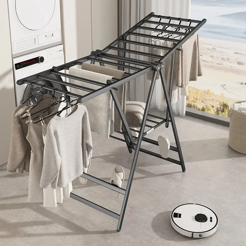 Foldable Aluminum Alloy Clothes Drying Rack Indoor Balcony Laundry Hanger Windproof Space Saving Floor Stand for Quilt Towel