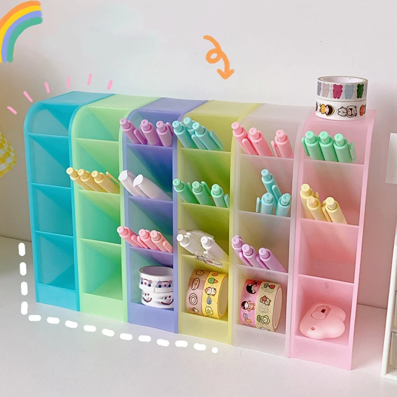 New Kawaii Macaroon Color 4 Gird Desktop Organizer Pen Holder Big Size Desk Makeups Pencil Storage Box School Stationery