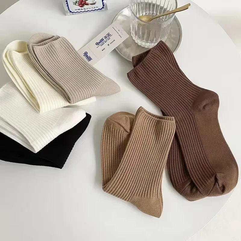 10/5 Pairs Solid Color Women's Mid Length Socks Leisure High Quality Spring Autumn Simplicity Stripe Soft Breathable Women's Soc image 4