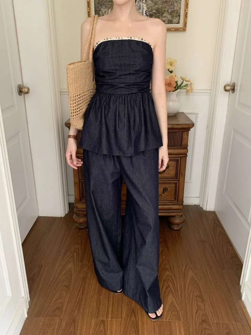 Alien Kitty Summer Office Lady Suits Denim Slim Holiday Camis 2025 Gentle High Street Work Wear Chic Wide Leg Mopping Pants