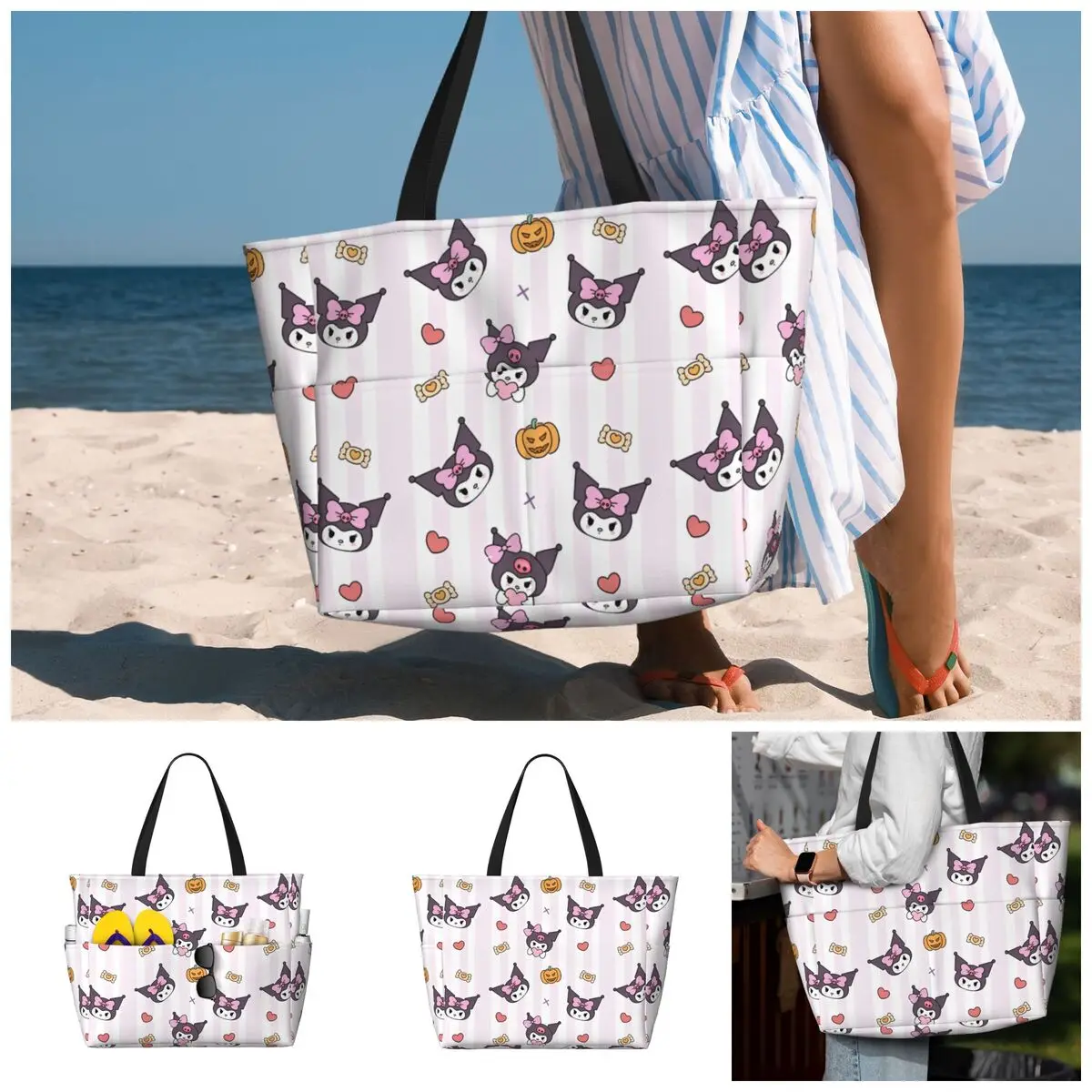 휴일을 위한 패션 Kawaill 캐릭터 Kuromi 여성 토트 백 휴일을 위한 대형 비치 가방