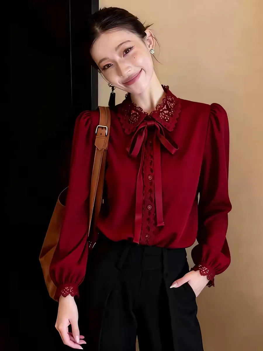 

Fashion Hign End Lace Patchwork Bow Elegant Shirt Women's Autumn Polo Neck Long Sleeve Single Breasted Slim Fit Cardigan Top