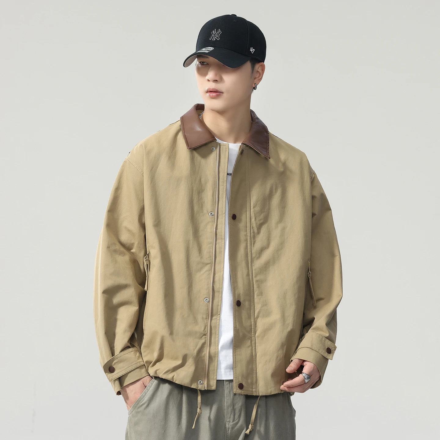 

Мужская осенняя уличная модная свободная повседневная парусиновая кожаная куртка-карго с лацканами, мужская верхняя одежда, пальто в американском стиле ретро