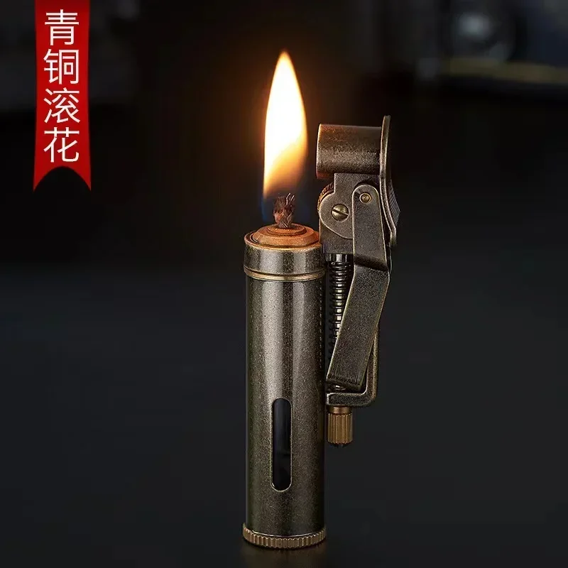 New Copper Kerosene Lighter Visual Oil Tank One-key Ignition Retro Nostalgic Grinding Wheel Lighter Men\'s Smoking Gift Tool