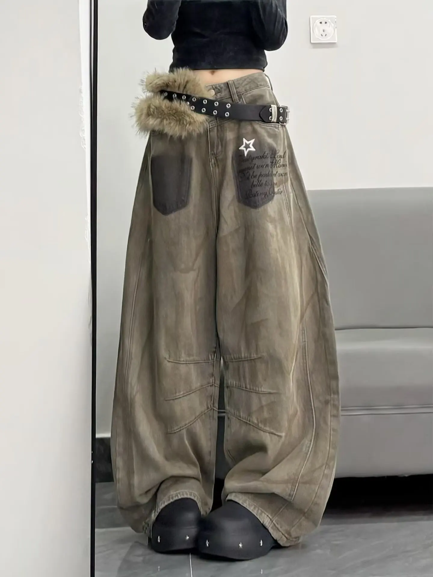 GG American Hip-Hop Street Dance Wide-Leg Jeans Women Autumn Retro 2000s Loose Casual Y2K Fashion Street High-Waist Jeans