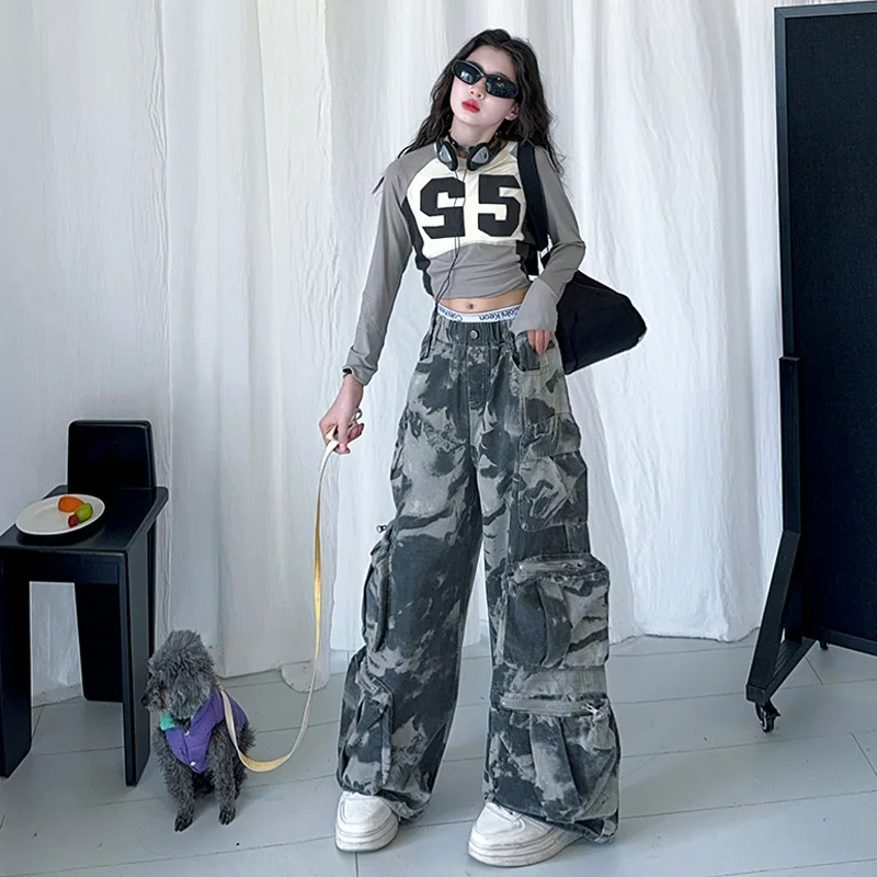 teen Girls American Spicy Girl Contrast Sports set Digital T-shirt+Retro Camouflage Casual Pants junior kids suit child outfits