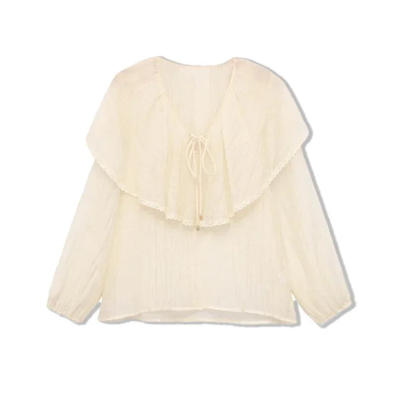 2026 Women New Arrival Boho Blouse V Neck Lace Trim Ruffle Collar Drawstring Long Sleeve Beige Casual Beach Shirt