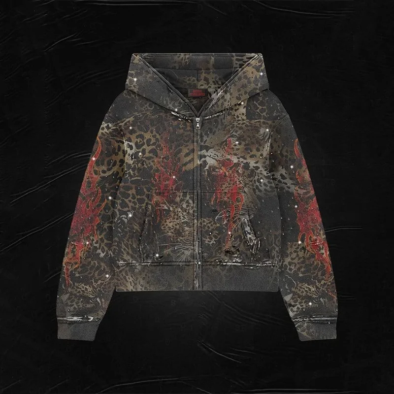 Y2K Vintage Distressed Hoodie Leopard Camouflage Red Flame Graphic Oversized Zip Up Hoodie Men Women Fashion Loose Streetwear