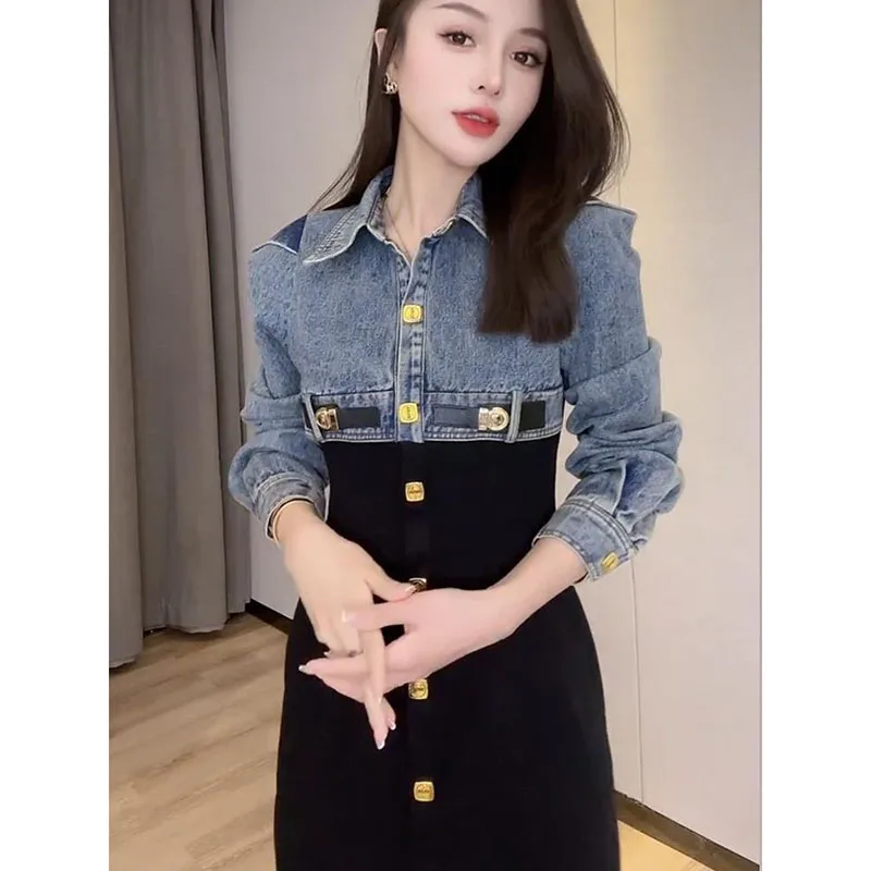 Elegant Sandwashed Denim Dress Colored Fake 2 Piece Shirt Collar Waist Slim Dress Single breasted Long Sleeve A-line Dress Blet