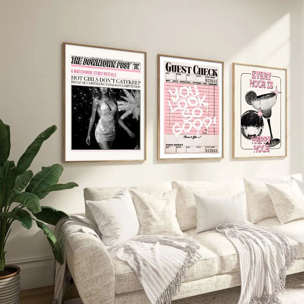 3pcs Preppy Retro Aesthetic Y2K Poster Funky Guest Check Disco Ball Trendy Painting Canvas Print Bar Cart Wall Art Decor Picture