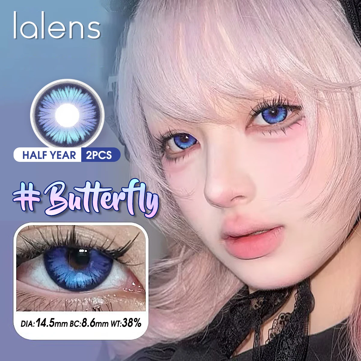 Lalens 1 Paar Butterfly Blue Myopia Farbkontaktlinsen 14,5mm Halbjährlich Weiche Linsen Anime Cosplay Halloween Party Schminklinsen – Detail 6