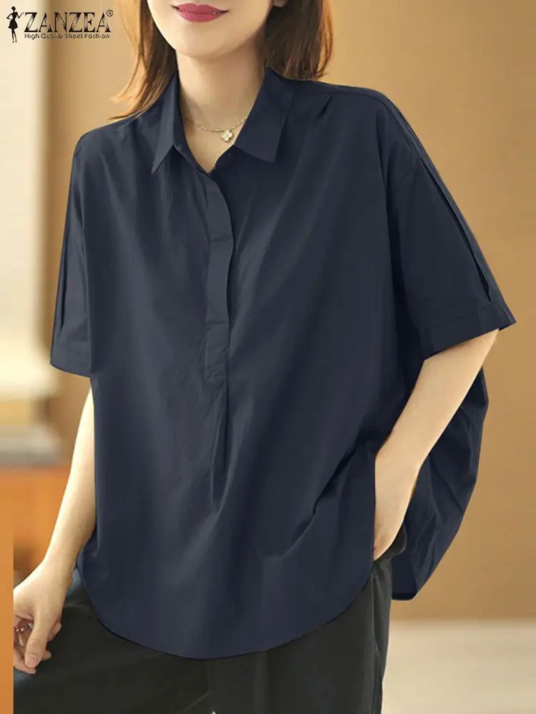 ZANZEA Summer Women Casual Baggy Blouse Fashion Lapel Neck Short Sleeve Solid Shirt Female Elegant OL Work Tops Buttons Blusas