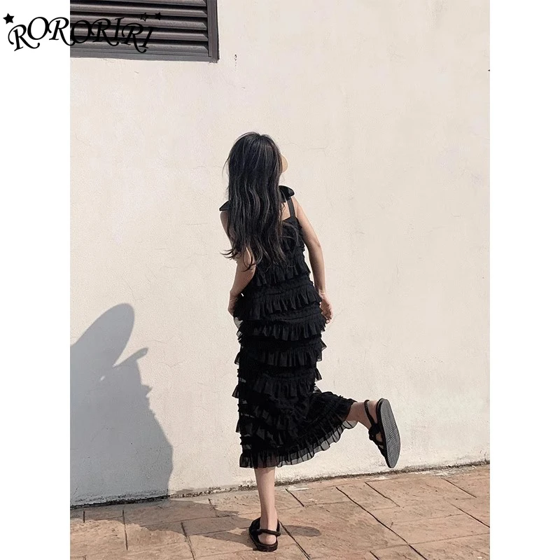 RORORIRI-Vestido com babados em camadas para mulheres, monocromático, fita, gola quadrada, peça única, roupa formal, festa de formatura, preto, verão