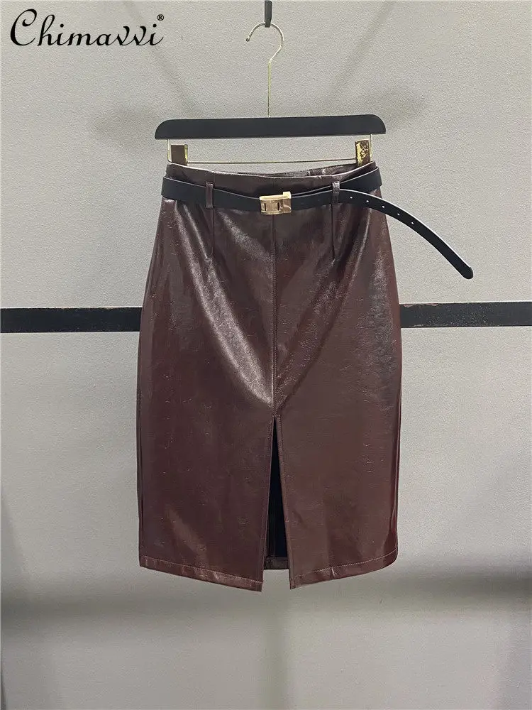 

Винтажная юбка миди из искусственной кожи с разрезом для женщин, весна 2026, новая элегантная прямая юбка с завышенной талией, облегающая, средней длины