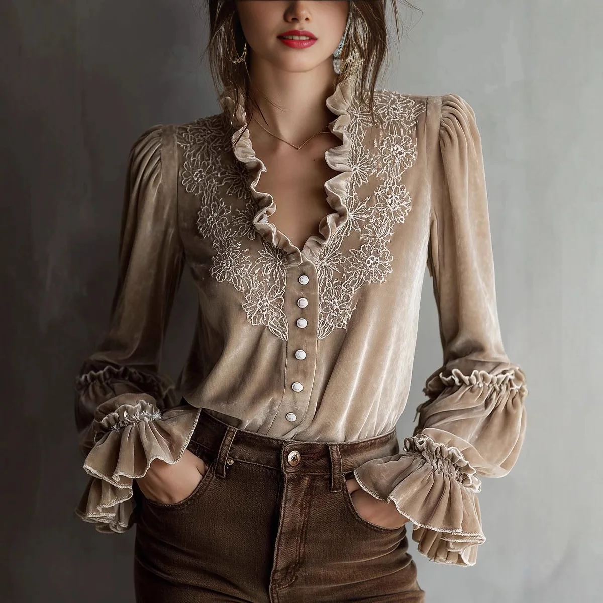 

Womens Velvet Blouse Ruffle V Neck Long Bell Sleeve Embroidery Button Front Puff Sleeve Elegant Shirt Vintage Autumn Fashion Top