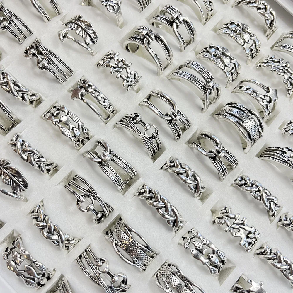 50Pcs/Lot Rattan Antique Silver Style Vintage Silver Ring For Women Ladies Jewelry Bulks LR4228