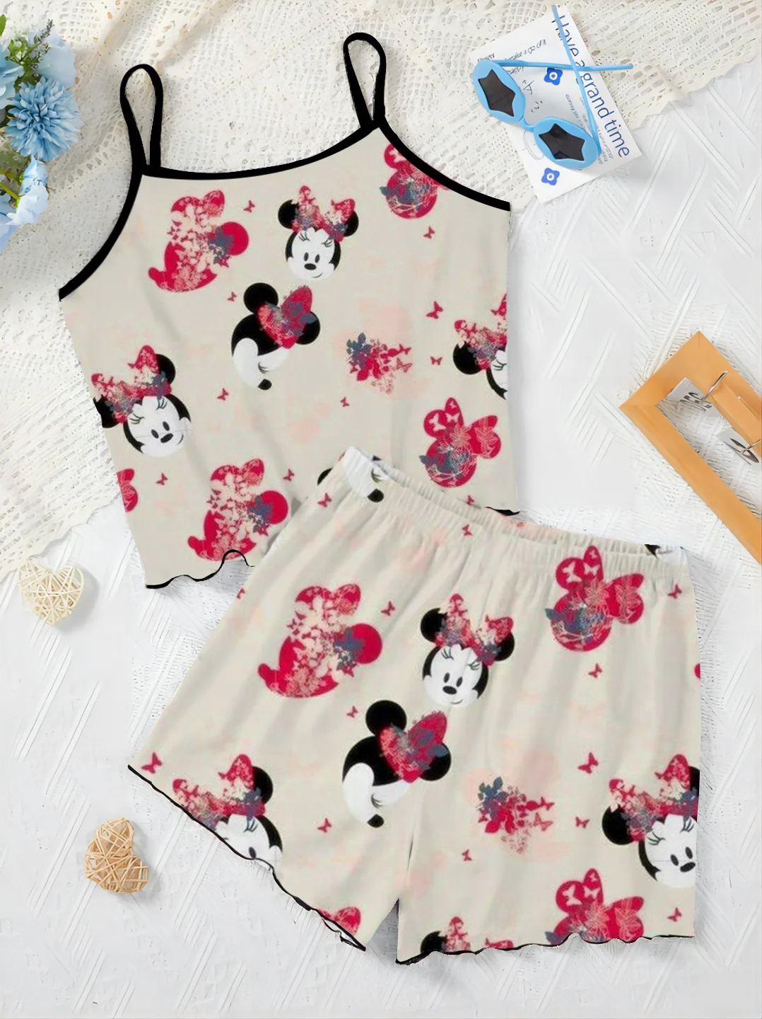 Conjunto elegante de Disney para mujer, Top con falda de pijama con ribete de lechuga, camiseta de Mickey y Minnie Mouse, traje corto