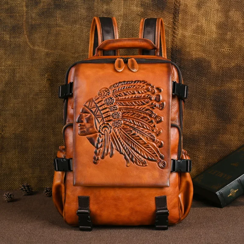 Men Genuine Leather Backpack Vintage Handmade Cowhide Bag Large Capacity Travel Rucksack Embossed Design Durable School