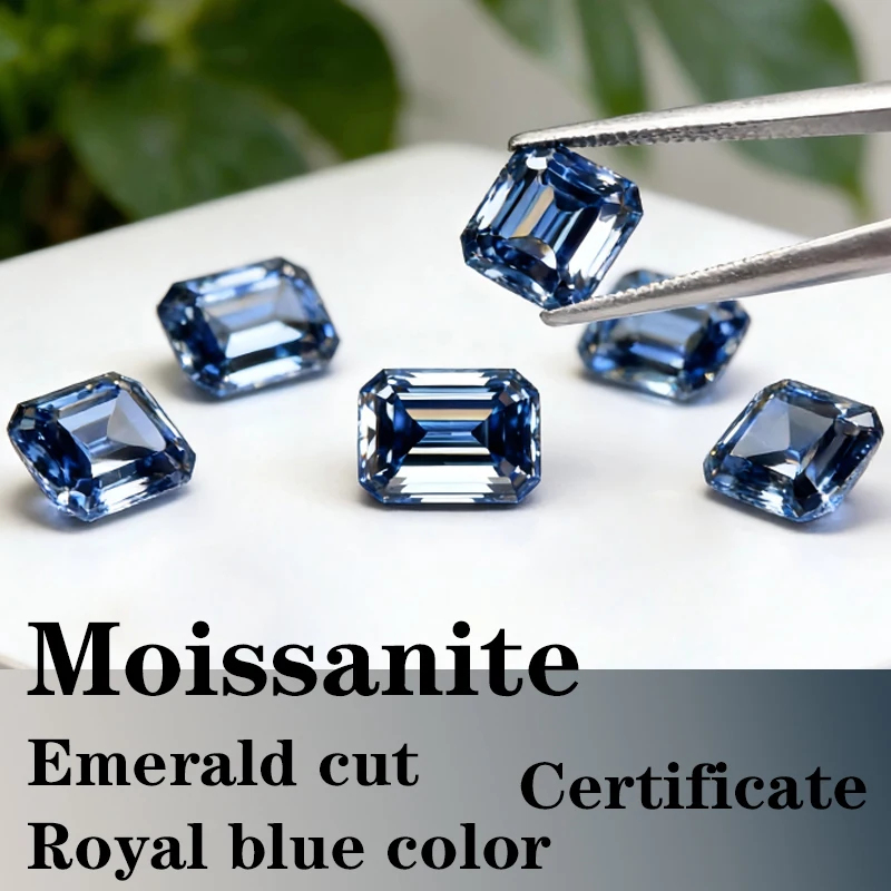 

Emerald Cut Moissanite Stone VVS1 Royal Bllue Color Certificate Artificial Gemstone DIY Jewelry