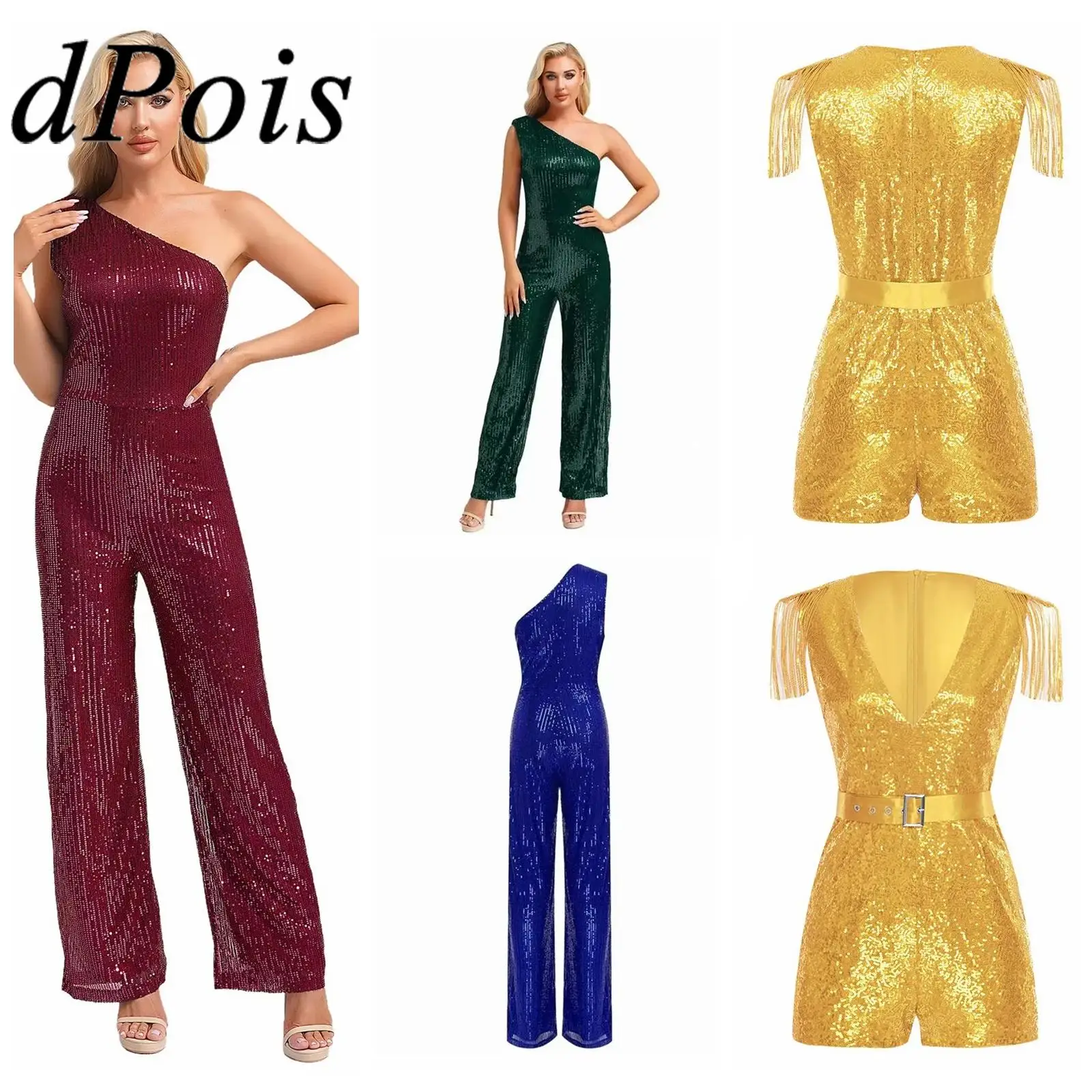 

Women's Sequins Jumpsuit Romper One Shoulder Straight Pants Sleeveless Jumpsuits Evening Rave Party Cocktail Clubwear Costumes