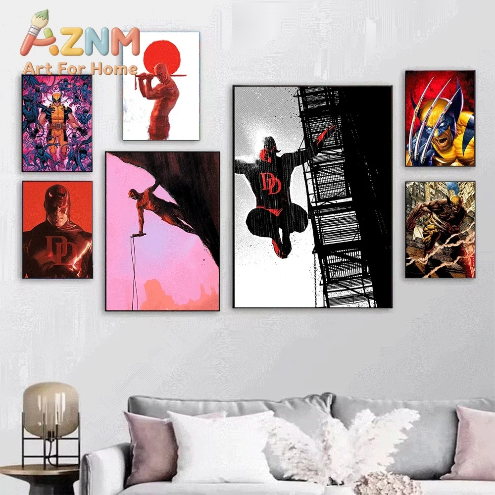 2D Flat Posters & Prints,Daredevil Wolverine Marvel Superhero Comic Canvas Wall Art,2D Flat Frameless Print,Home Decor for Boy