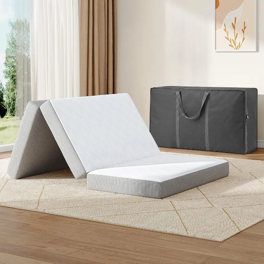 Trifold Mattress for guest rooms, memory foam, white, 4-inch foldable with pressure relief and compact storage