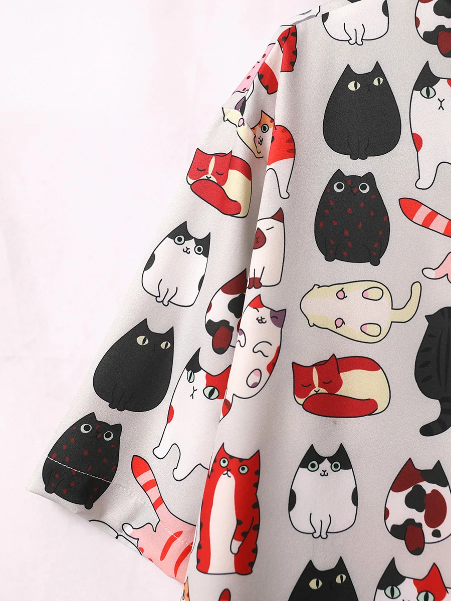 Oversized Loose Short Sleeve Shirt Men Print Cartoon Cat Retro Hiphop Casual Shirts for Summer Beach Hawaiian Clothing