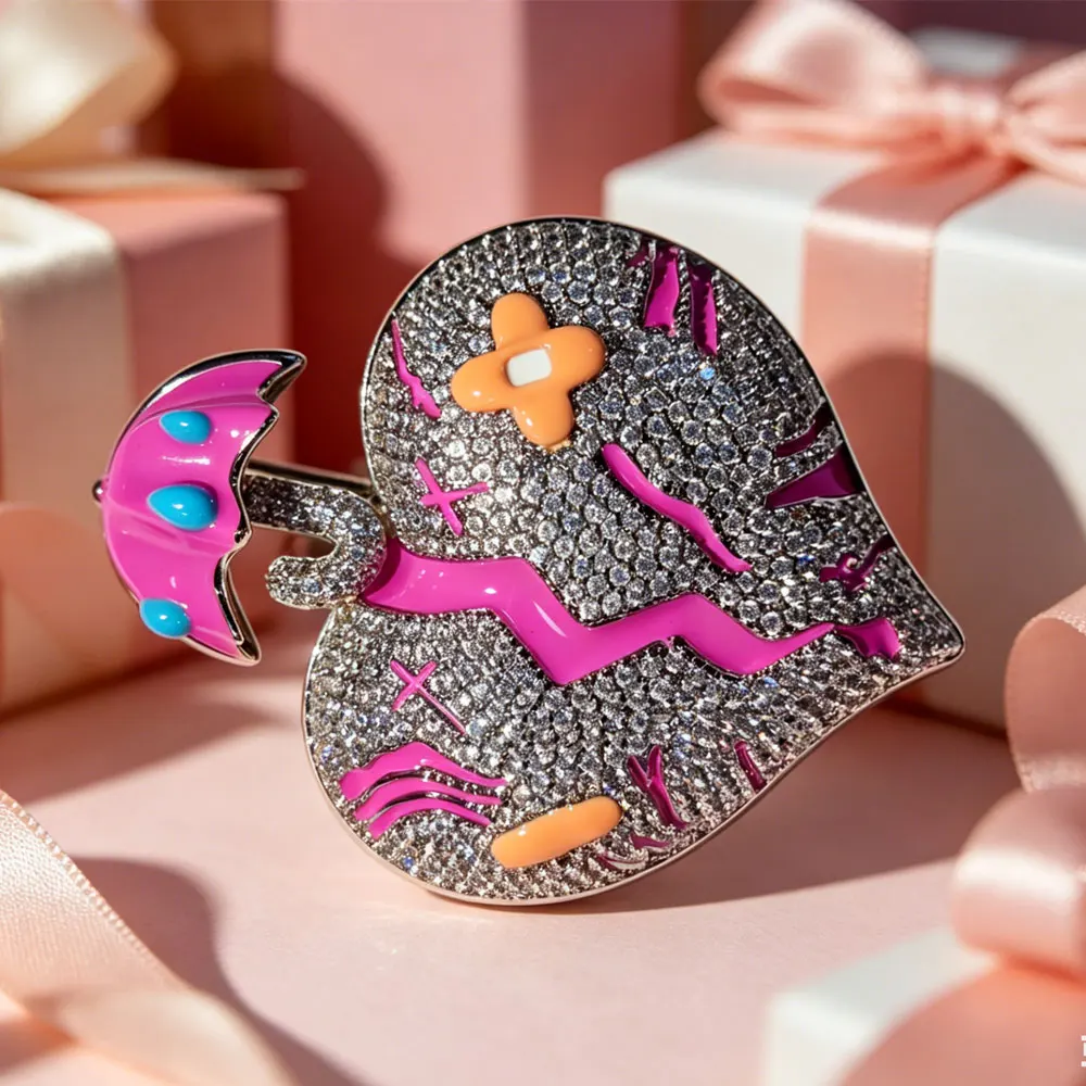 

Iced Out Cartoon Heart Umbrella Flower Pendant, Enamel Hip Hop Bling Jewelry for Men Women, Fashion Birthday Mother's Day gift