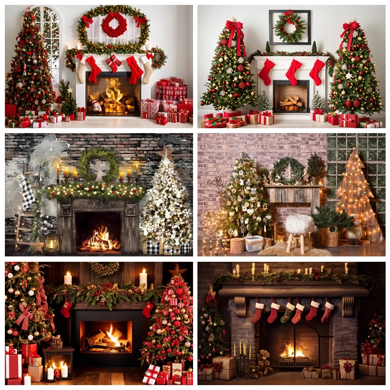 

Christmas Fireplace Photography Backdrops Xmas Tree Gifts Winter Kids Adult Family Party Decoration Background Photo Booth Props