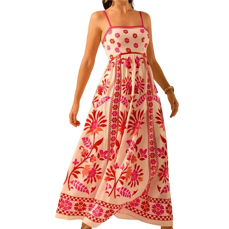 ASDS-Abito lungo floreale estivo da donna 2025, senza maniche, con cinturino per spaghetti, stampato, abito lungo da spiaggia Boho smock