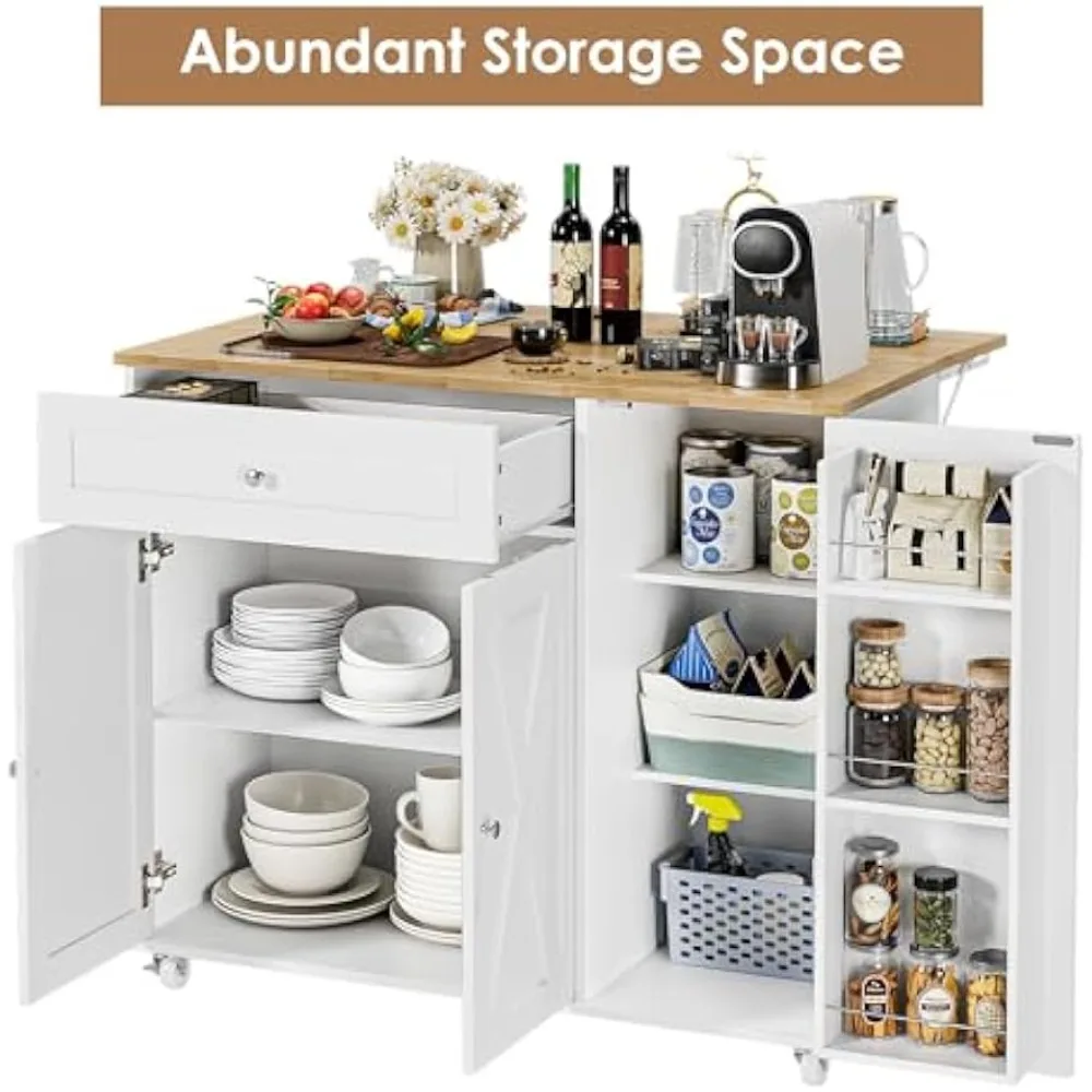 Kitchen Island with Storage, Island Table on Wheels with Drop Leaf, Spice Rack, Drawer, Towel Rack, Rolling Kitchen Island Cart