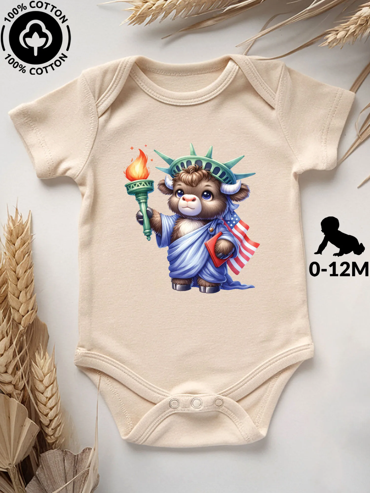 

Детский комбинезон-боди Moo «Статуя Свободы», унисекс, 100% хлопок, мягкий, всесезонный, бежевый, для ползания, 190 г/м²