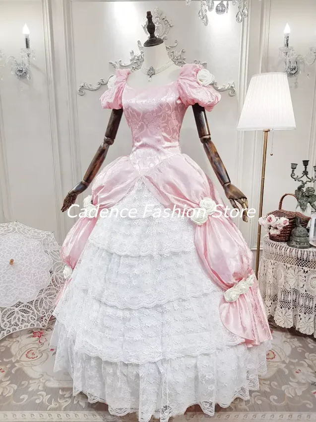 Vintage Victorian Bride Gown Sweet Pink Short-Sleeved Elegant A-line 3D Floral Lace Evening Gown and Wedding Dress Customized