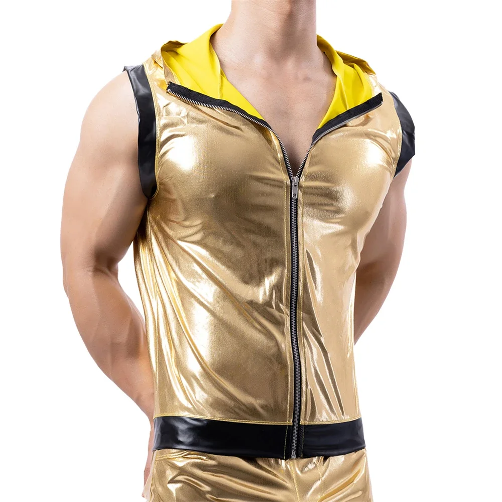 Fashion Mens Metallic Shiny Faux Leather Tank Tops Sexy Front Zipper Hooded Vest Male Nightclub Stage Party Sleeveless T-shirts